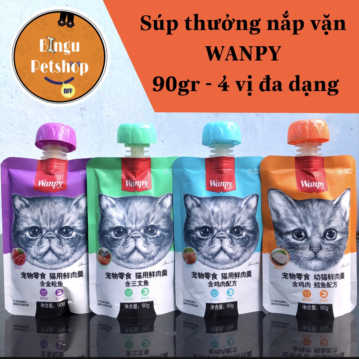 Súp thưởng Wanpy - Túi có nắp vặn 90g - Soup thưởng, pate cho mèo mọi lứa tuổi