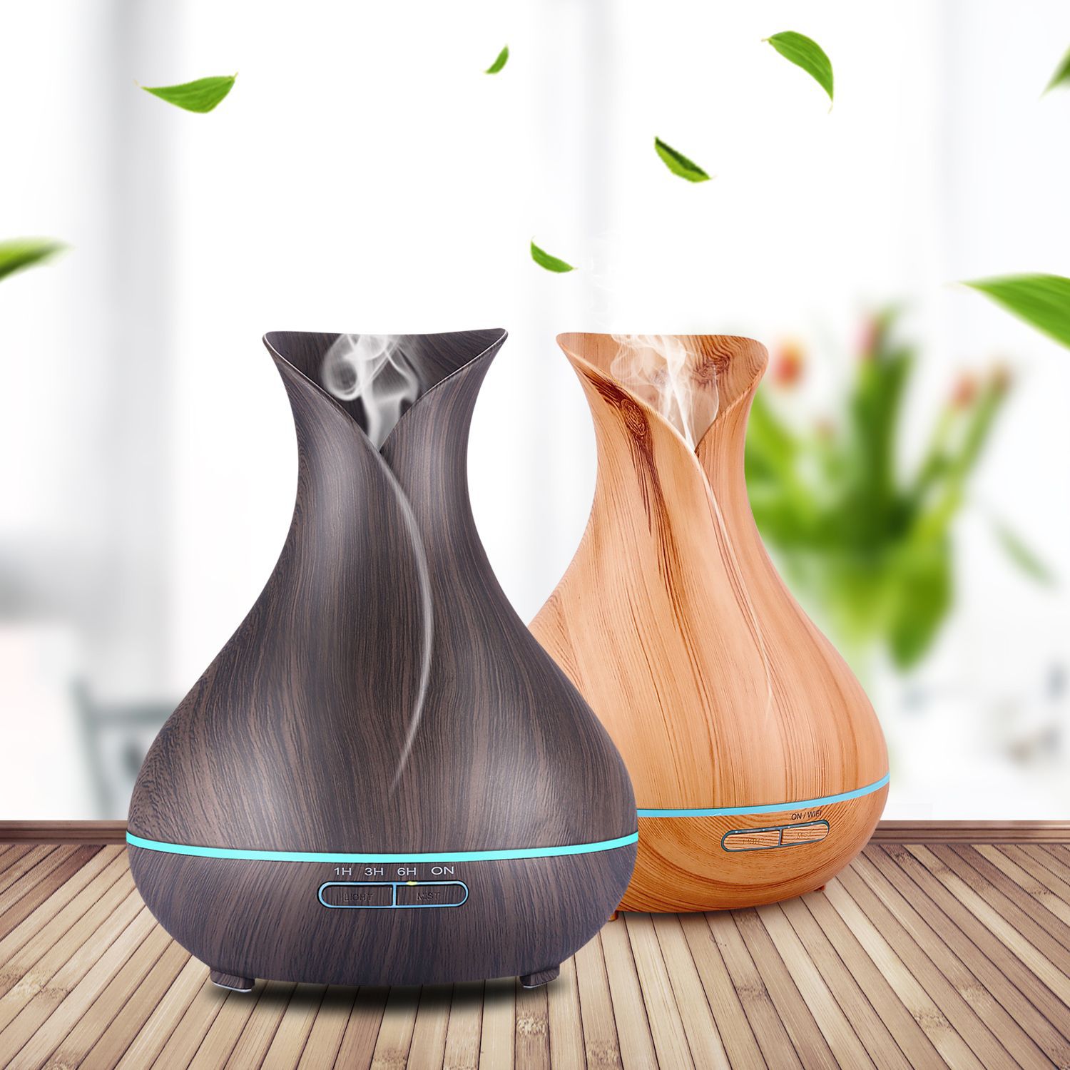 Máy phun sương mini xông tinh dầu MEI hoa tulip dung tích 550ml vân gỗ sang trọng đèn led 7 màu có remote tạo độ ẩm khuếch tán tinh dầu tỏa hương thơm trang trí cho phòng ngủ, phòng khách, bàn làm việc