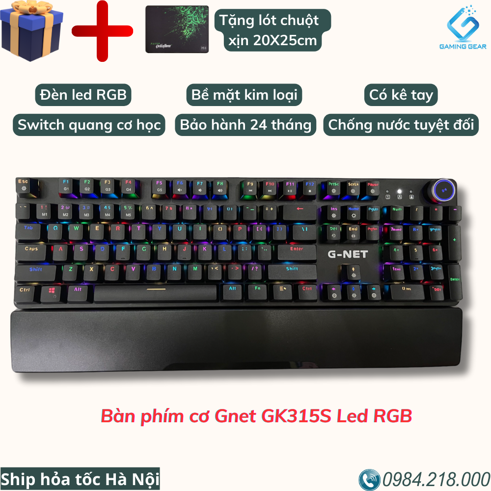 Bàn phím cơ quang học gnet gk315s - đèn led rgb - chống nước tuyệt đối - bề mặt kim loại - có kê tay - bảo hành 24 tháng