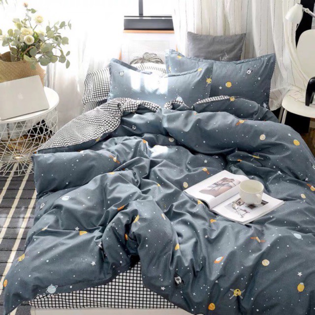 Cotton Poly Bộ Chăn Ga Gối Vũ Trụ Xám