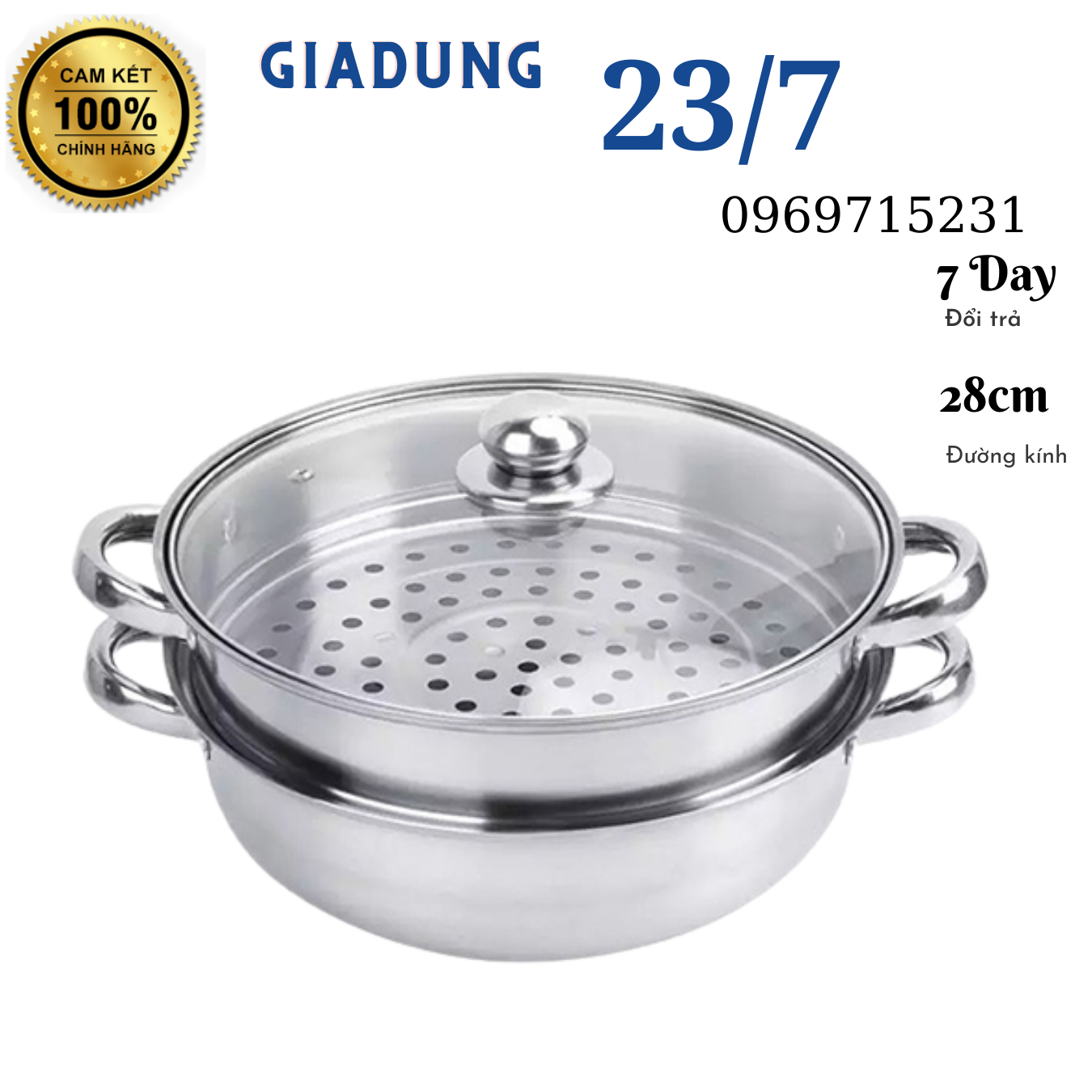 Nồi lẩu inox, lồng hấp 2 tầng, vung kính an toàn, có xửng hấp kích thước 28cm dùng cho tất cả loại bếp