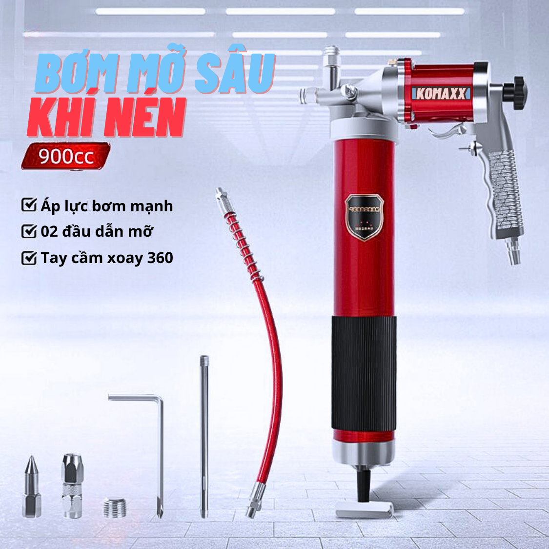 Bơm mỡ hơi 900cc - dùng cho mỡ sâu và mỡ nhồi - súng bơm mỡ bò hơi chất liệu thép tay cầm xoay 360 độ