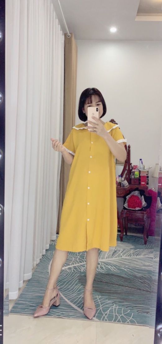Váy bầu, đầm bầu cộc tay thiết kế cổ bèo phối