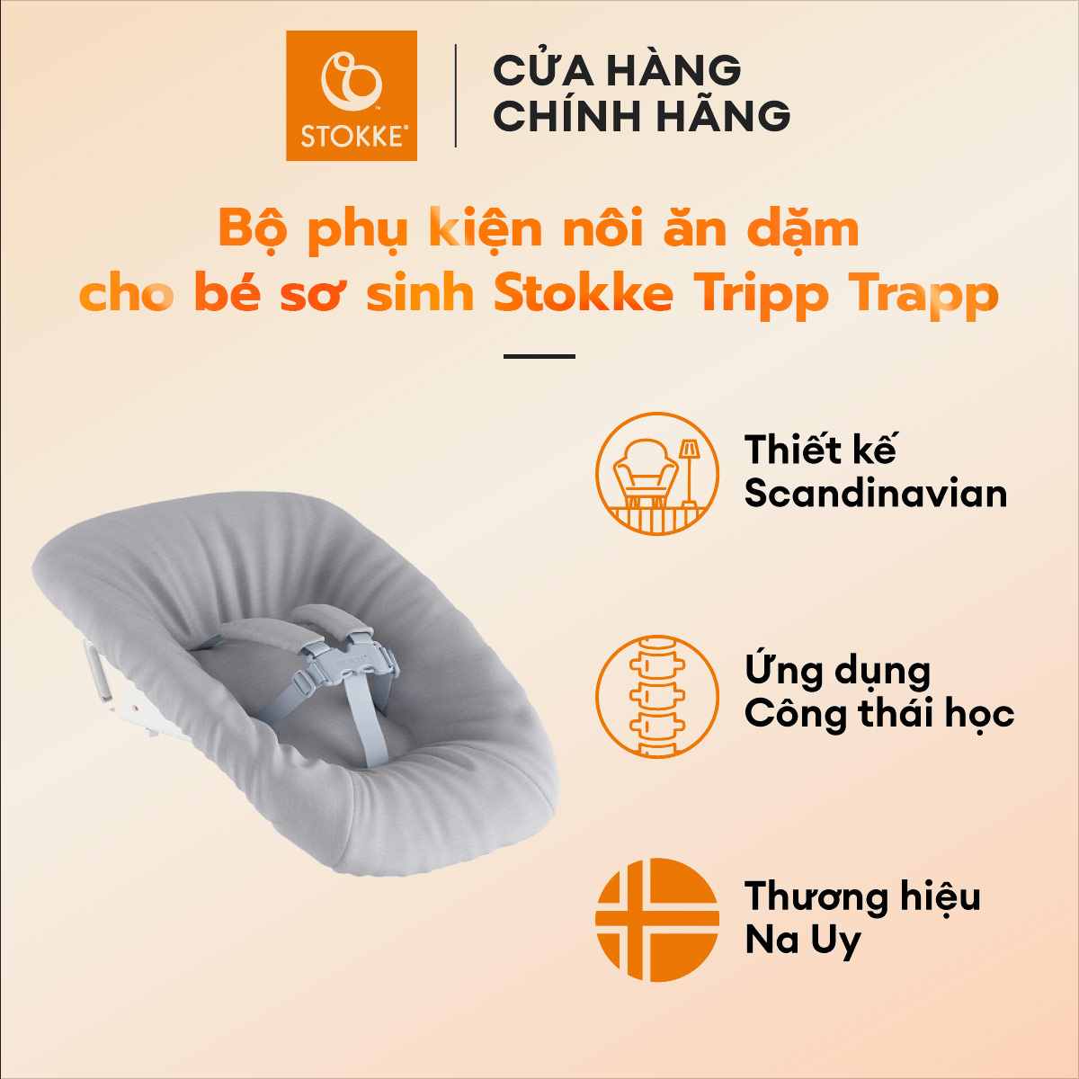 Nôi cao cấp cho bé sơ sinh, phụ kiện ghế ăn dặm, với đai an toàn 5 điểm, dễ dàng điều chỉnh độ nghiêng - Stokke Tripp Trapp Newborn Set