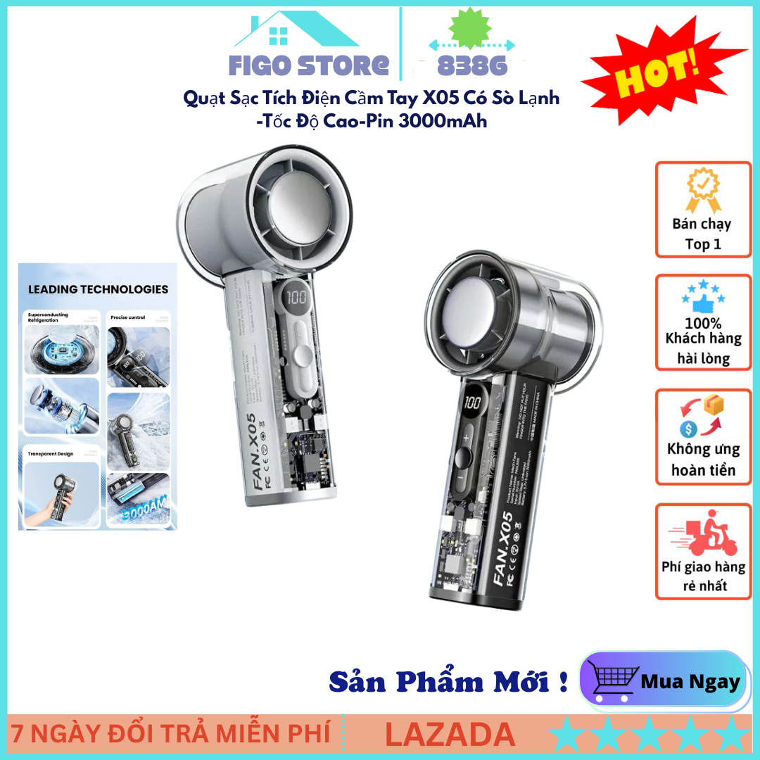 { New 2025 } Quạt Sạc Tích Điện Cầm Tay X05 Có Sò Lạnh-Tốc Độ Cao, Làm Mát Nhanh Gió Siêu Mạnh, Pin Trâu 3000Mah, Màn Hình LED, Thiết Kế Sang Trọng, quạt pin. Bảo Hành Toàn Quốc