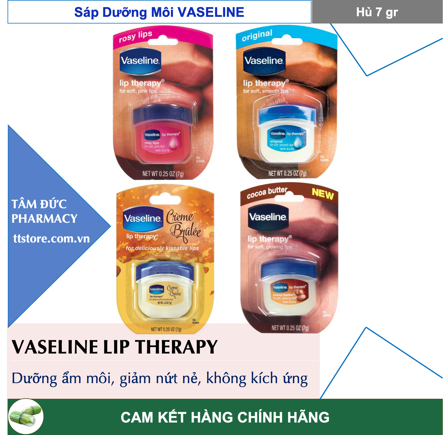 ✅ Sáp Dưỡng Môi Vaseline Lip Therapy 7g Làm Mềm Dưỡng Ẩm Môi Căng Mọng Vaselin
