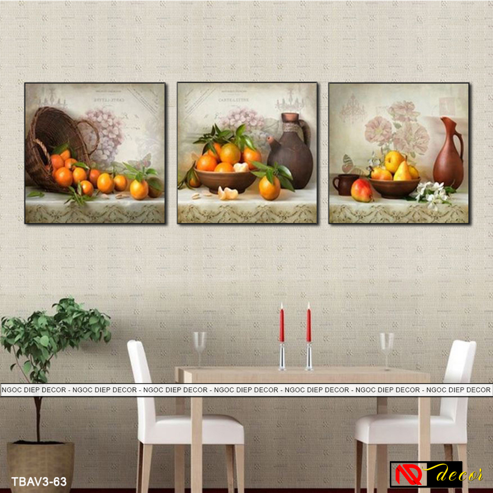 3 tấm tranh dán tường phòng ăn hoa quả lọ hoa