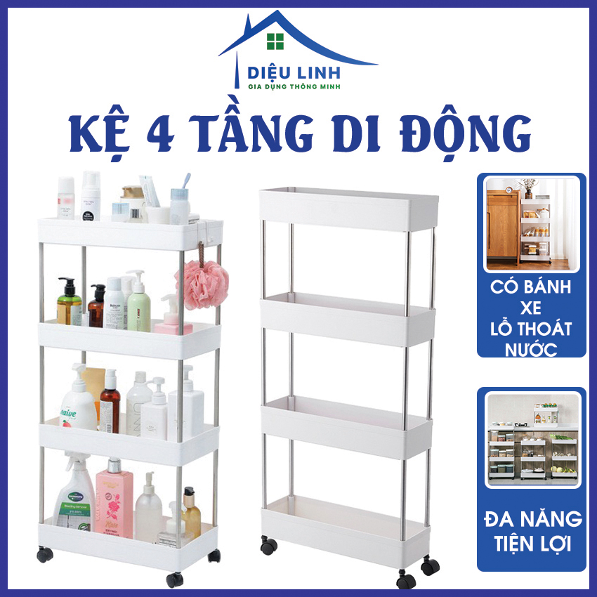 Kệ 4 tầng có bánh xe bằng nhựa, Để đồ đa năng di chuyển tiện lợi, Kệ nhà bếp đa năng - Kệ để đồ đa năng 4 tầng có bánh xe đẩy chuyên dụng cho spa, phòng tắm bếp chất liệu inox dieulinhshop