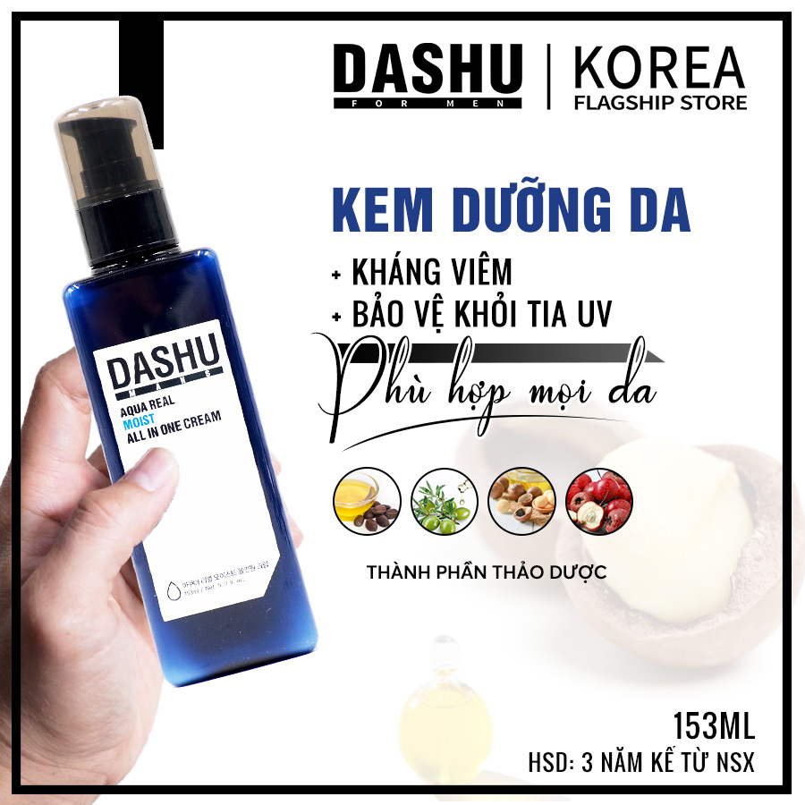 Kem dưỡng da cho Nam 5 in 1(Skin + Lotion + Essence + Moisturizing Cream + Nutritional Cream) Dashu Mans Aqua Real Moist All in One Cream 153ml, kem duong da ban đêm, ban ngày cung cấp độ ẩm cho da khô, hạn chế lão hóa, chính hãng Hàn Quốc.