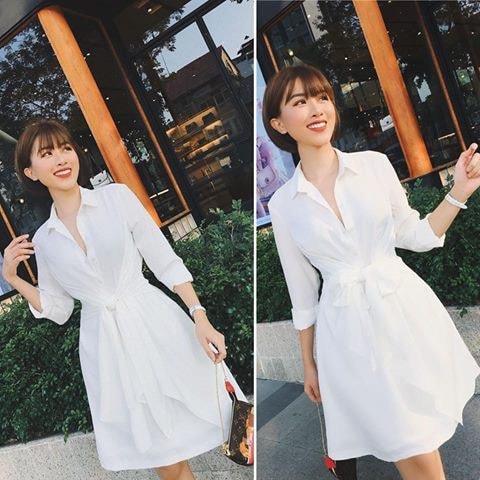 Đầm sơ mi chất kate cột eo kiểu mới 2019 TV (Trắng)