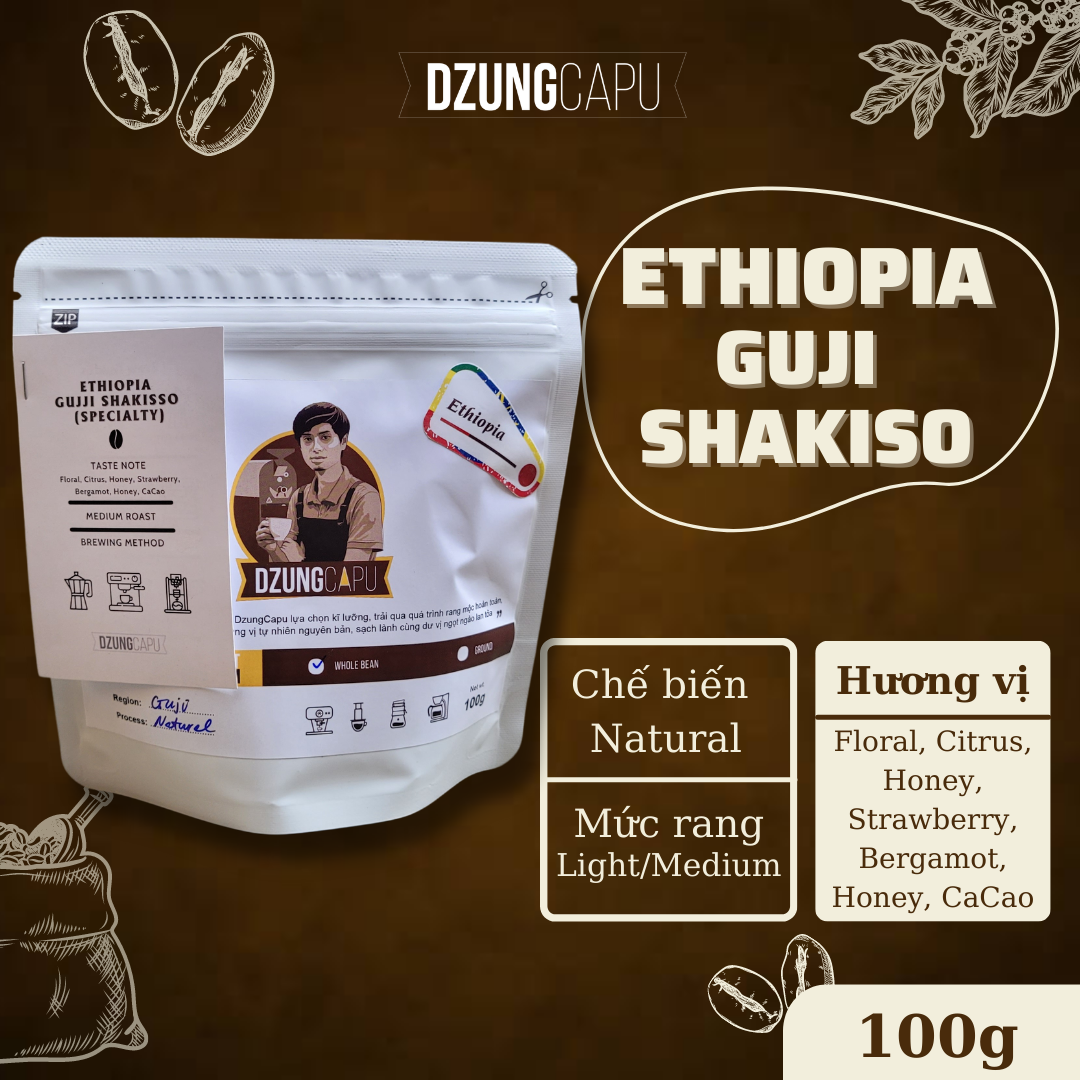 Cà phê Ethiopia Guji Shakiso - Sơ chế Natural - gói 100g - DzungCapu Specialty Coffee