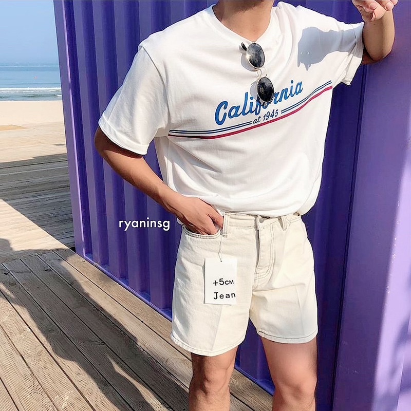 Albert short - quần short nam ryan denim jean be kem kaki ryan chỉ viền nâu form hàn quốc