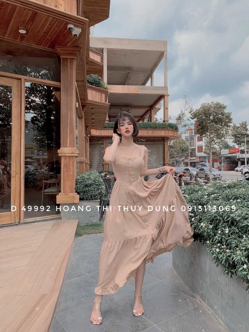 ĐẦM MAXI NỮ 2 DÂY (CÓ MÚT NGỰC) ĐÍNH NÚT DÁNG XÒE BO LƯNG CHẤT VẢI VOAN DÀY MỊN BỒNG BỀNH THANH THOÁT SGR
