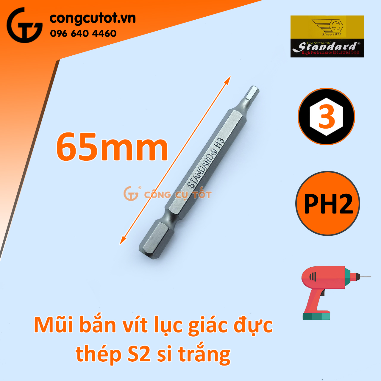 Đầu bắt vít lục giác đực Standard dài 65mm
