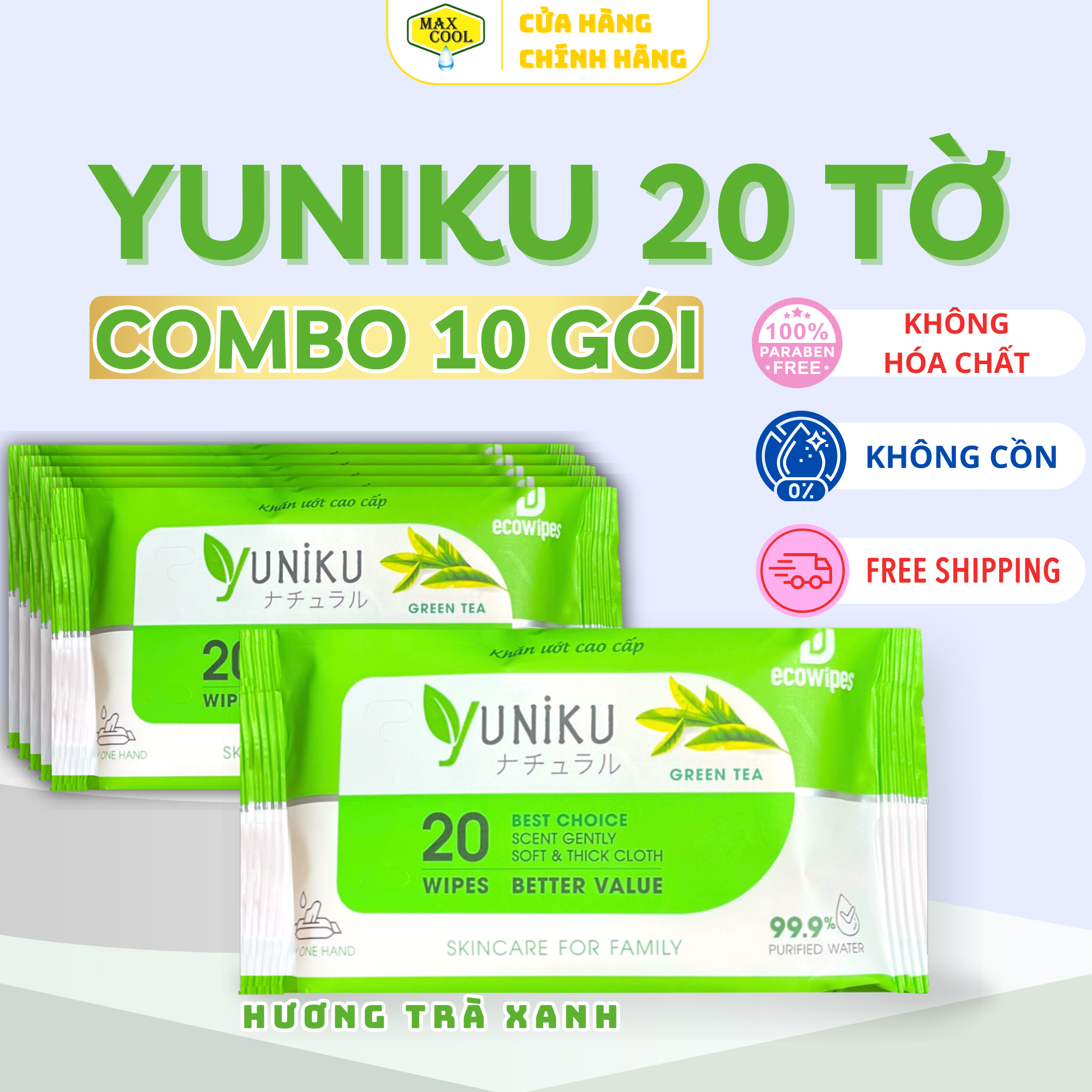 Combo 10 gói Khăn giấy ướt cao cấp 20 Tờ Hương Trà Xanh Yuniku