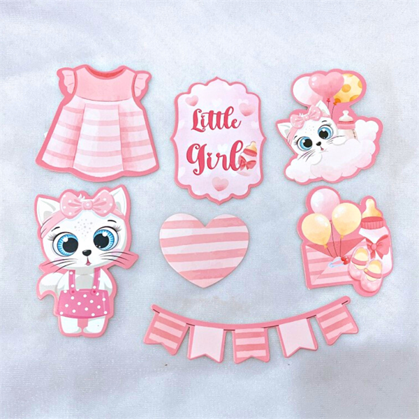 Set que giấy little girl mèo hồng cờ tim