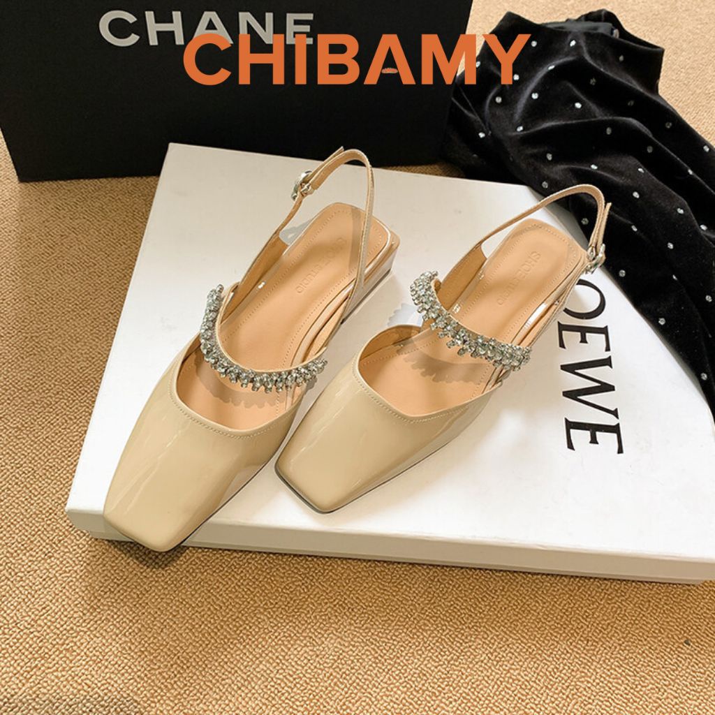 Giày cao gót nữ bít mũi quai ngang đính đá CHIBAMY đế vuông 3cm chất da bóng mềm mã H03