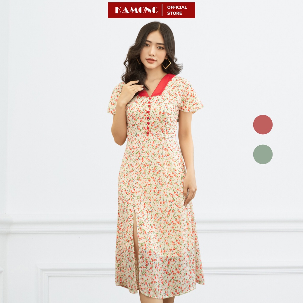 Đầm nữ hoa nhí cổ sen nhọn xẻ tà kamong d141