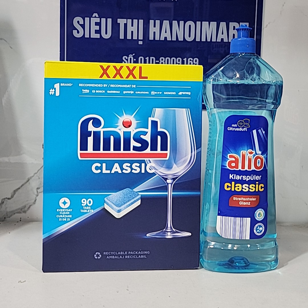 Combo 90 Viên rửa chén Finish hoặc 1 Lit Nước làm bóng alio dùng cho máy rửa bát chén, combo viên finish 90 viên hoặc Nước bóng alio trợ xả làm không máy rửa bát