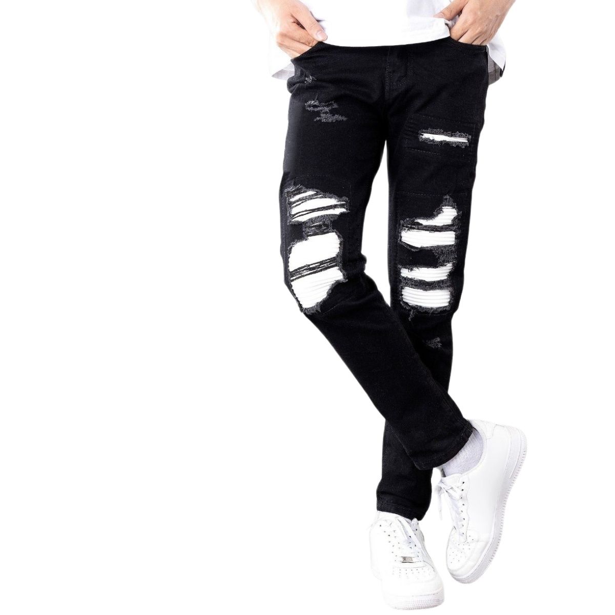 Quần jean nam vá da trắng dáng ôm cao cấp nuba48, quần bò xanh rách xước thiết kế sang trọng trẻ trung cho nam