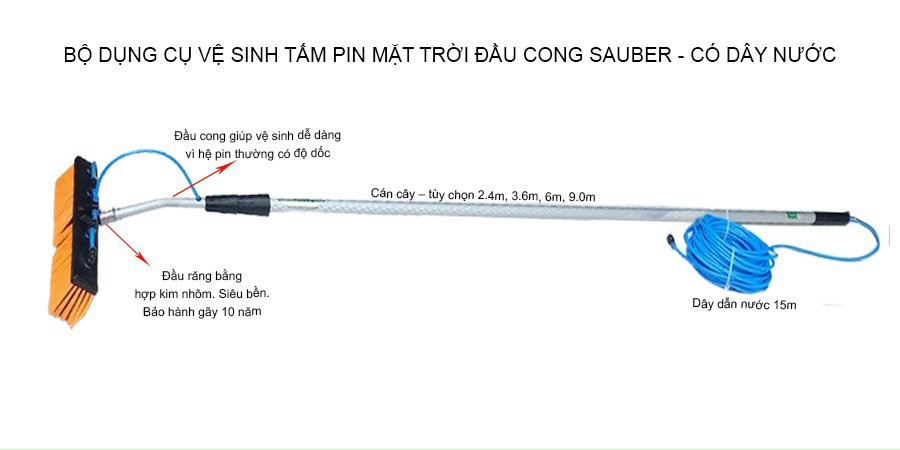 BỘ DỤNG CỤ VỆ SINH PIN MẶT TRỜI, KÍNH ĐỘ CAO SMT36D CÁN DÀI 3.6m CÓ DÂY NƯỚC SẴN