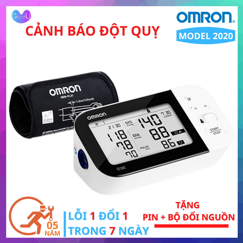 Máy Đo Huyết Áp BẮP TAY OMRON HEM-7361T Thương Hiệu Nhật Bản + Tặng Bộ Đổi Nguồn Và 4 Pin AAA - Máy Đo Huyết Áp CẢNH BÁO ĐỘT QUỴ Kết Nối Bluetooth Điện Thoại Hàng Chính Hãng BH 5 Năm