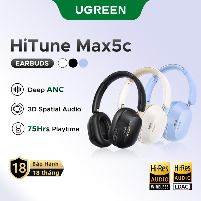  Tai nghe  UGREEN Max5c không dây có công nghệ chống ồn 43dB Bluetooth 5.4 Hybrid Active Khử tiếng ồn Hi-Res LDAC 75H Tai nghe chụp tai âm thanh không gian ANC Wireless Over-Ear Earphone Model:35757 