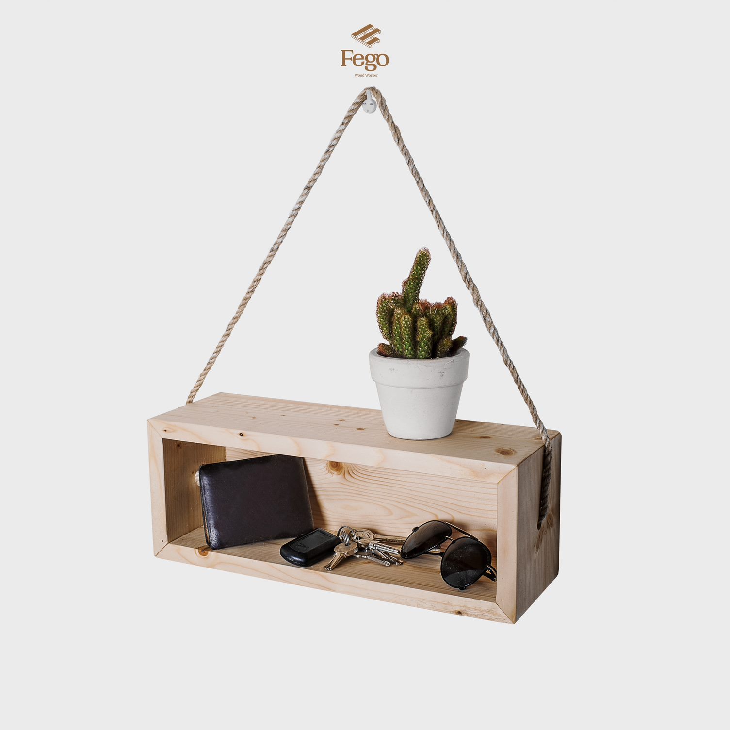 Kệ gỗ dây thừng treo tường/ Giá gỗ dây treo trang trí retro vintage FEGO0017