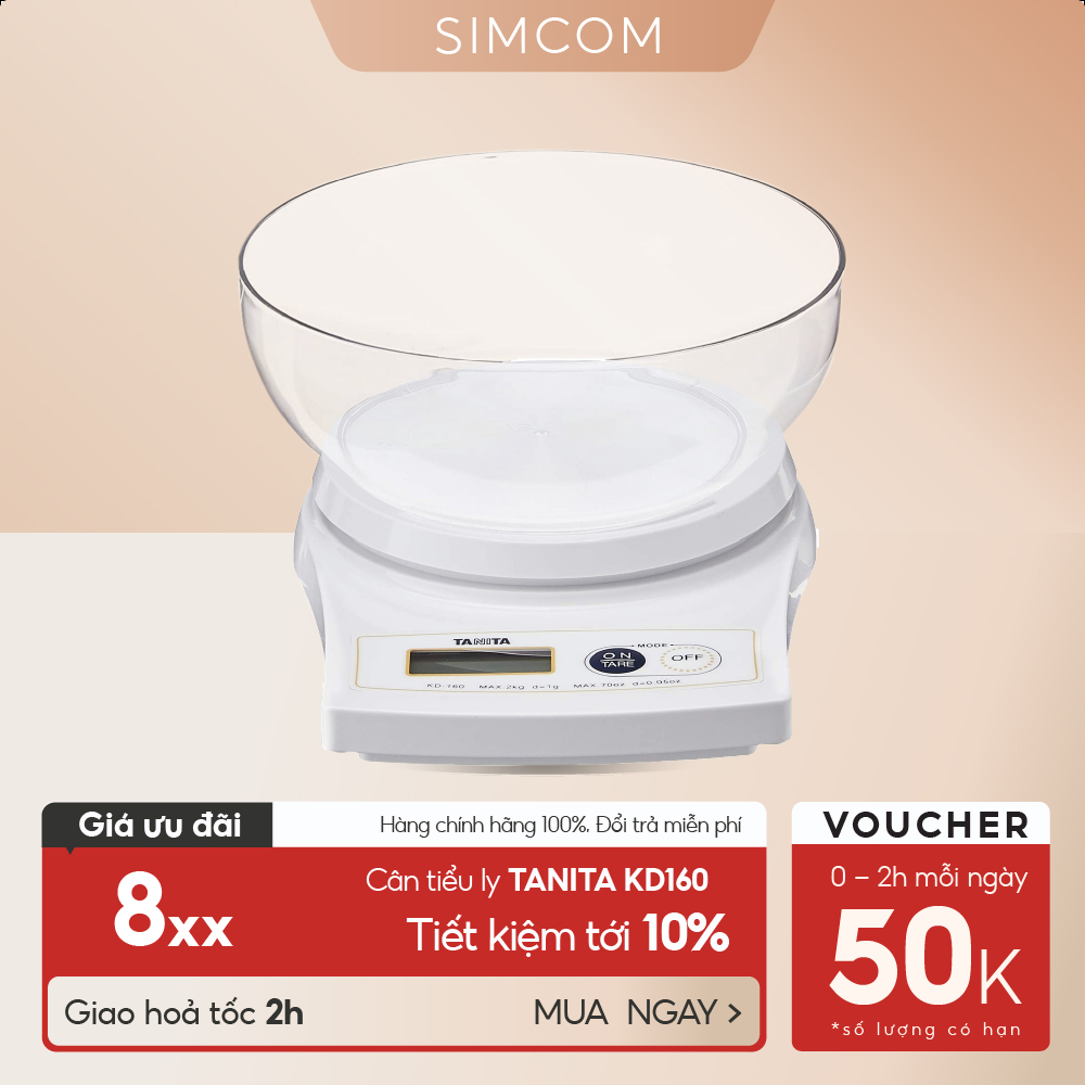 Cân tiểu ly điện tử TANITA KD160 2kg-0.1g, hỗ trợ làm bánh, giảm cân, bảo hành chính hãng nhật bản 6 tháng, tặng tô, Simcom