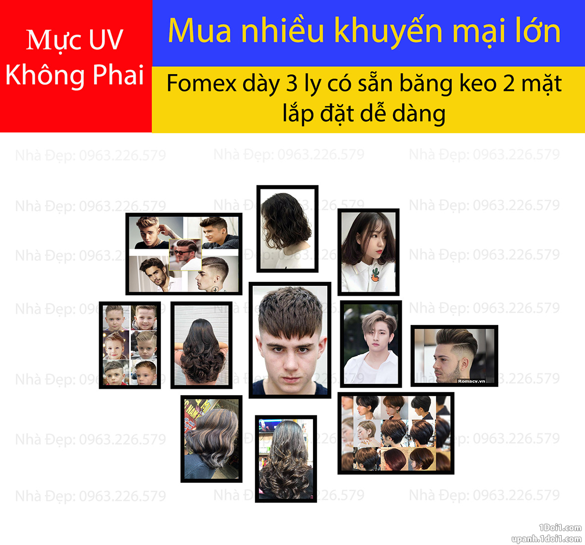 Bộ tranh FOMEX dán tường Tiệm cắt tóc nam + nữ 11 tấm. Mã GD