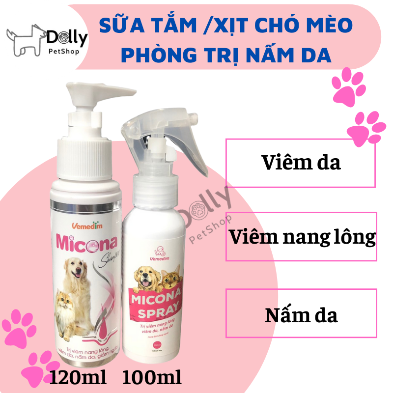 Micona Combo trị nấm- Sữa tắm và chai xit trị Viêm Nang Lông, Viêm Da, Nấm Da Cho Chó Mèo