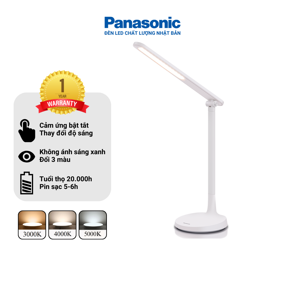 Đèn bàn sạc Panasonic HHGLT034188 không ánh sáng xanh, nút chạm cảm ứng, trục đèn gập xoay thông minh