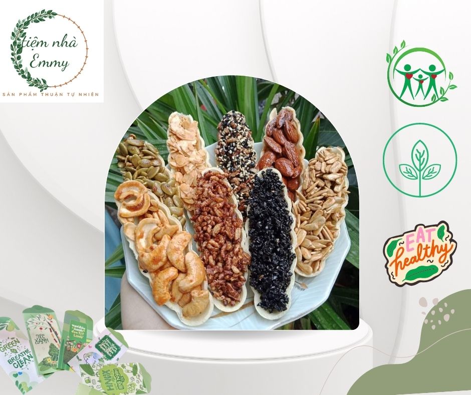 Bánh thuyền thập cẩm - Bánh thuyền hạt dinh dưỡng - Bánh thuyền gạo lứt, bánh thuyền mè đen, bánh thuyền hạnh nhân, bánh thuyền hạt điều, bánh thuyền hạt bí xanh, bánh thuyền hạt Hướng Dương Tiệm nhà Emmy