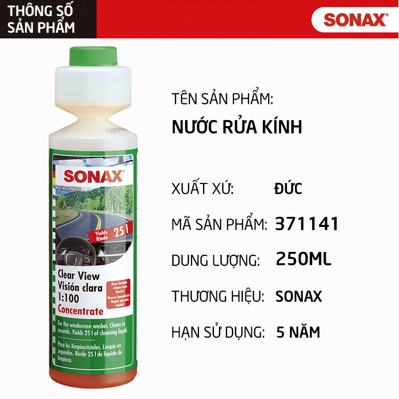 Dung dịch châm két nước rửa kính, cần gạt mưa đậm đặc SONAX Clear View, nước rửa gạt lau kính chắn gió xe hơi, ô tô, xe khách, xe tải trong suốt_SN-371141