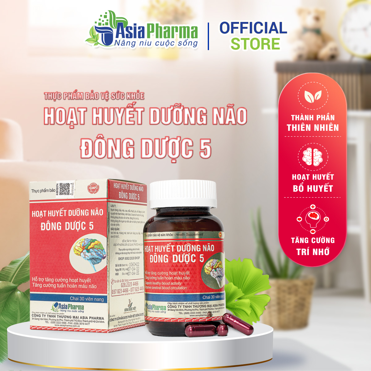 Viên uống hoạt huyết dưỡng não Đông Dược 5 Asia Pharma hỗ trợ thiểu năng tuần hoàn não - Hộp 30 viên