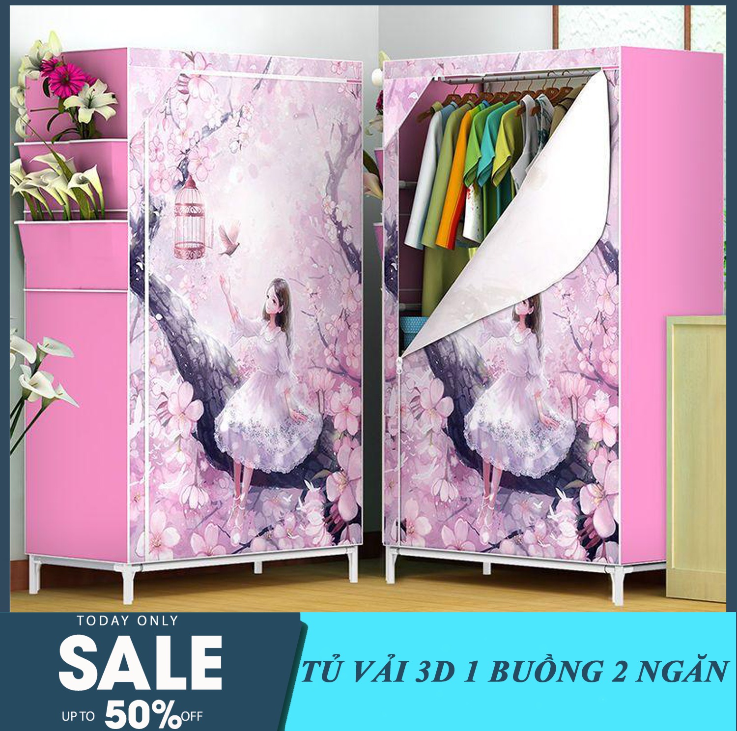 Tủ vải 3D 1 buồng , 2 ngăn,gọn nhẹ, chắc chắn, tủ nhựa, tủ quần áo, , tủ vải đựng quần áo,  tủ vải treo quần áo (Hình ngẫu nhiên)