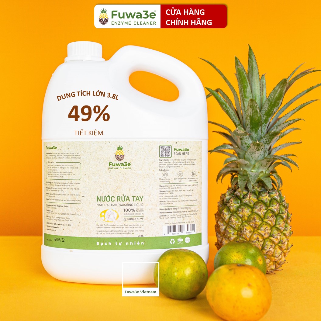 Nước rửa tay hữu cơ FUWA3E enzyme sinh học dứa 3.8L hương quýt – An toàn cho mọi loại da, diệt 99% vi khuẩn