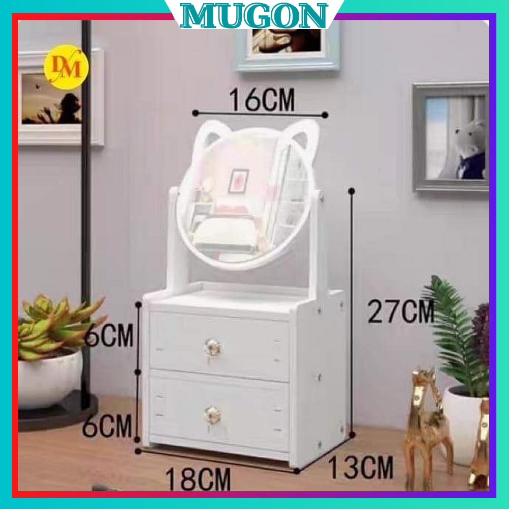 Kệ mỹ phẩm kèm gương tai mèo 2 tầng,kệ mỹ phẩm gỗ nhựa để bàn 2 ngăn có gương hình mèo