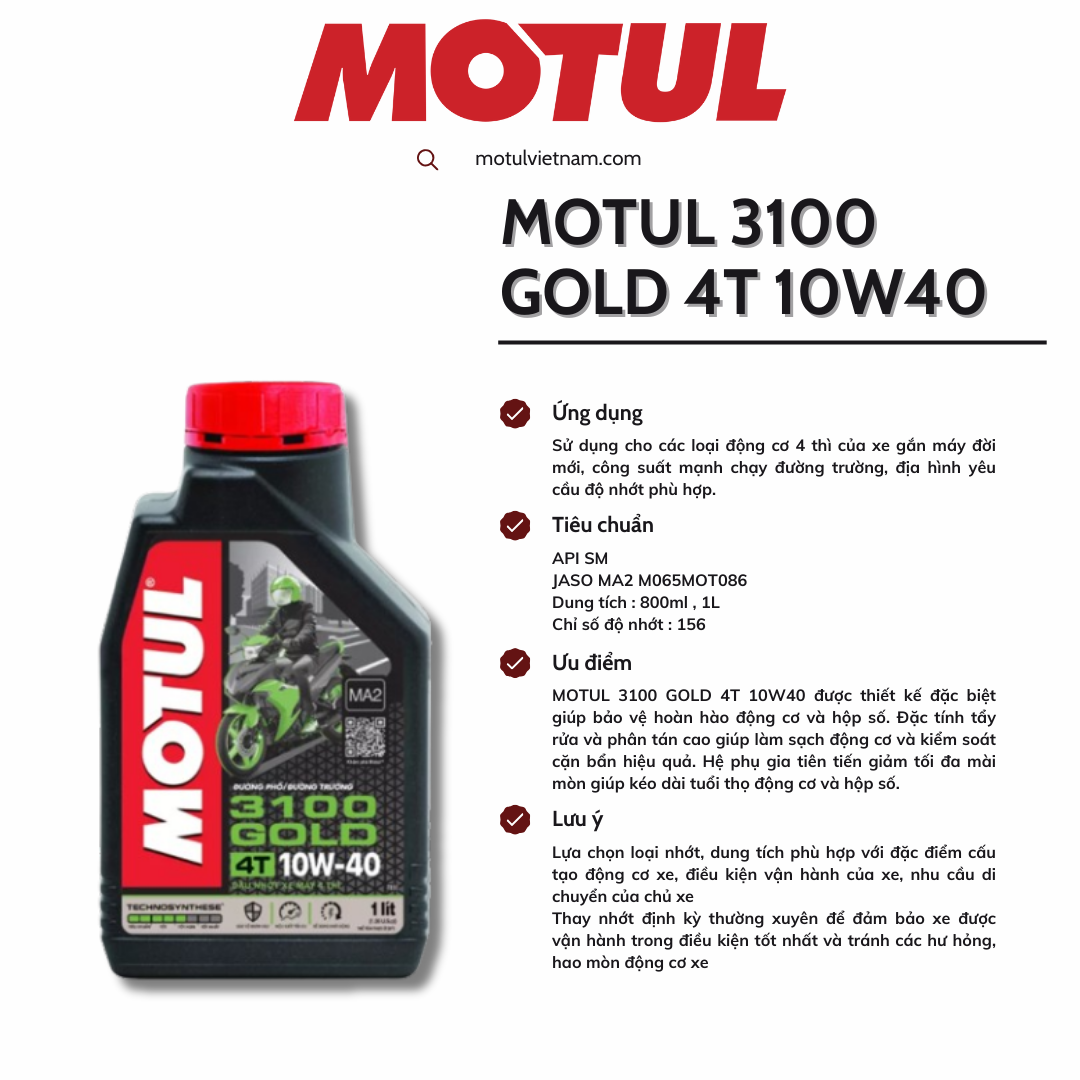 Dầu nhớt xe số MOTUL 3100 Gold 4T 10W40 SM MA2 Bán tổng hợp 800ml & 1L Có chiết lẻ 1L1 1L2 1L3 1L4 1L5