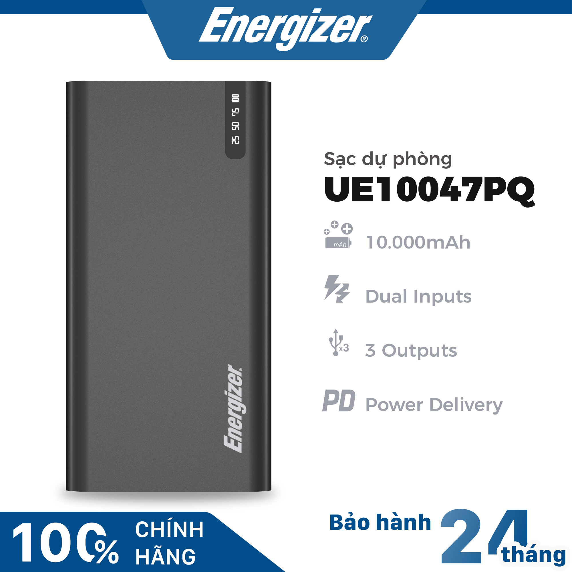 Sạc dự phòng Energizer 10000mAh UE10047PQ -Tích hợp sạc nhanh 2 chiều và sạc nhanh đa nền tảng - Hàng chính hãng