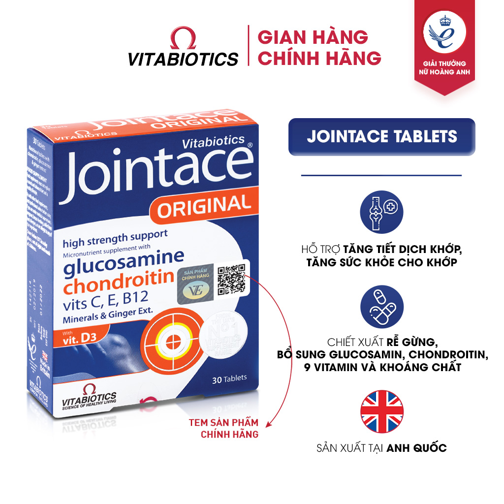 Viên uống vitabiotics jointace hỗ trợ tăng tiết dịch khớp, bổ sung vitamin tăng cường sức khỏe khớp hộp 30 viên