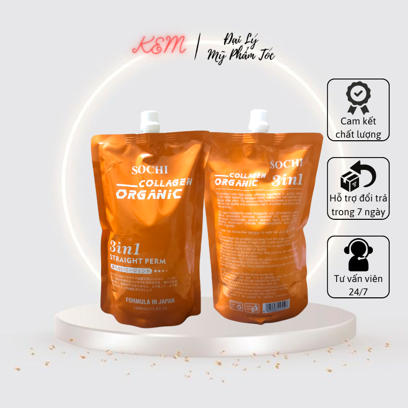 Kem duỗi ép 3 in 1 straight perm sochi collagen organic nhật bản 1000ml không cần dập định hình lần 2 kem