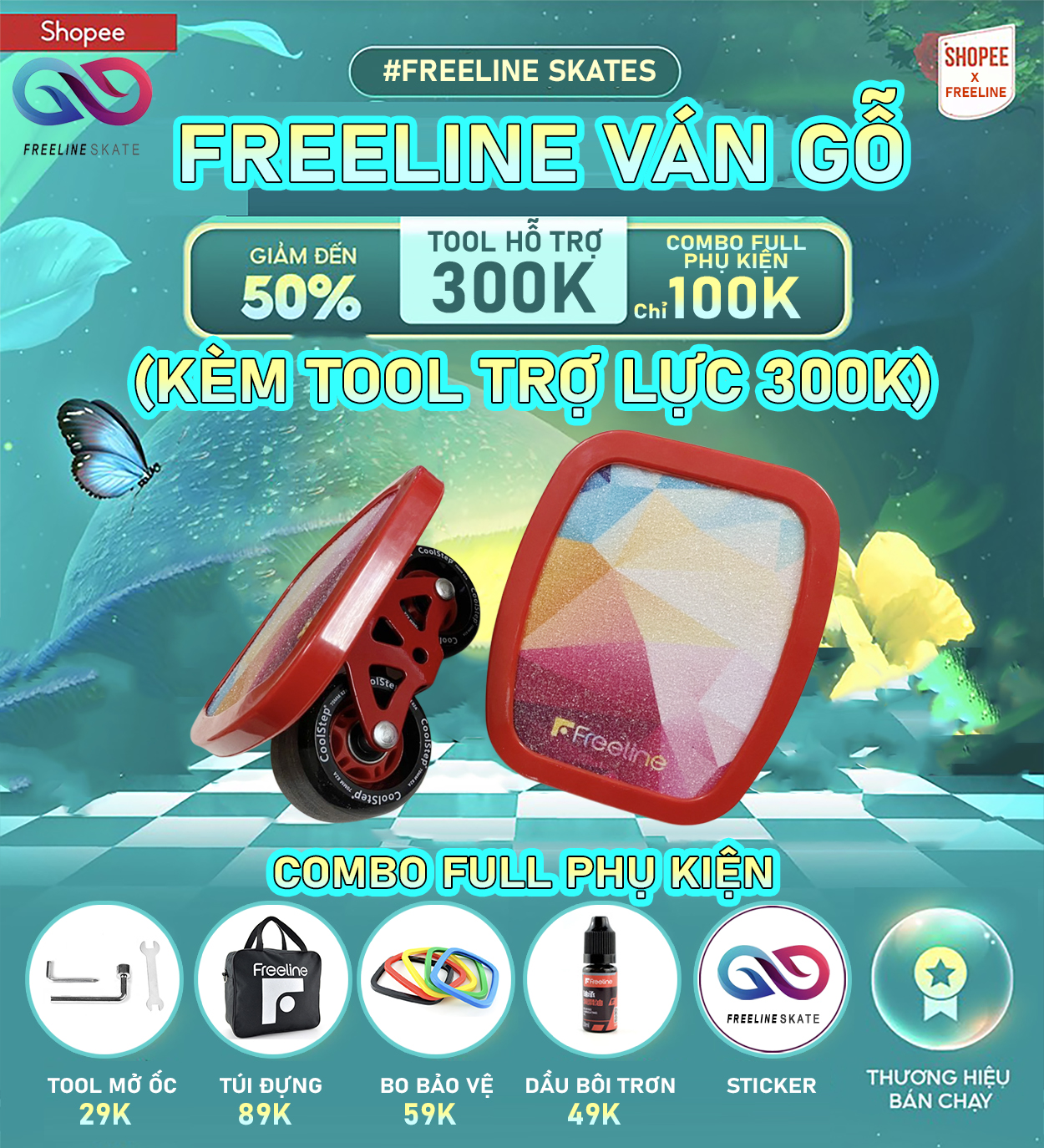 Ván trượt freeline skate gỗ bánh trung