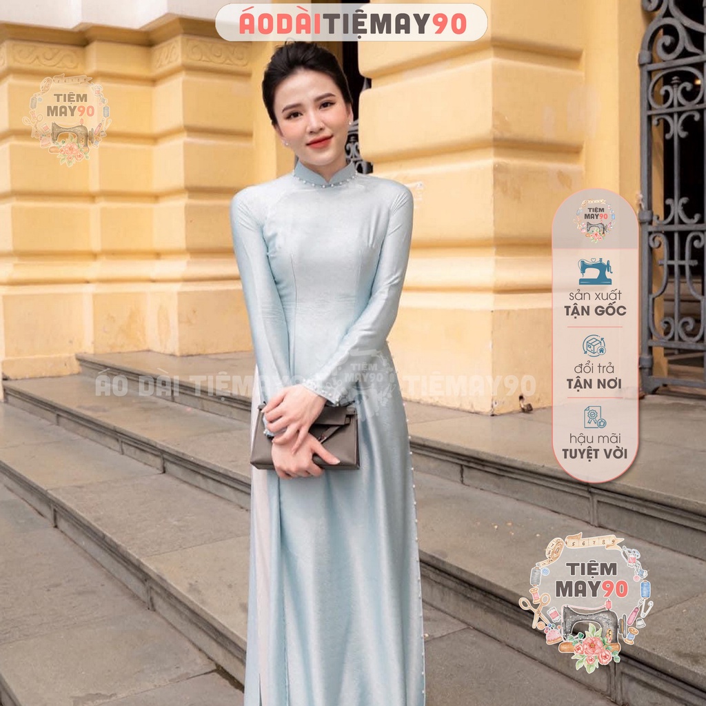 Áo dài cô dâu truyền thống lụa vân gỗ Tiệm 90 may sẵn cổ cao tay dài đính ngọc chùa dự tiệc cưới hỏi lễ tết đẹp AD90146
