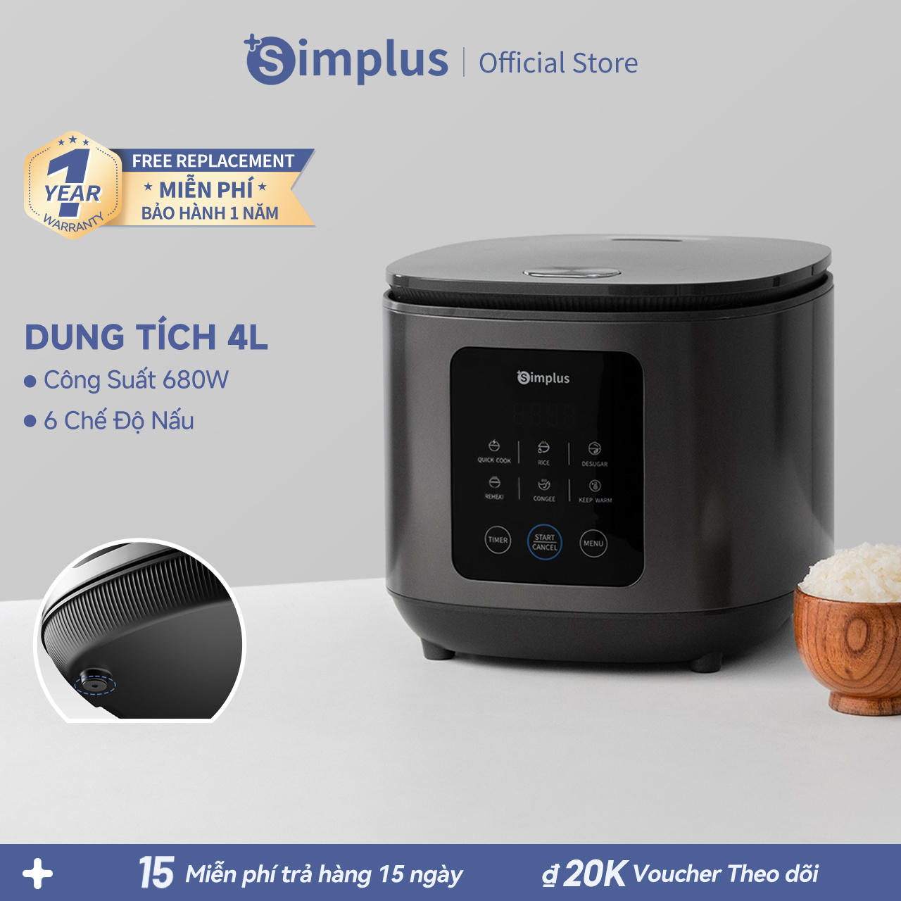   New Arrival  Simplus Nồi cơm điện cảm ứng 4L Hẹn giờ 24 giờ  6 chế độ nấu sẵn Không chứa PFOA và PFOS Lòng nồi chống dính- Bảo hành 1 năm 1 đổi 1 