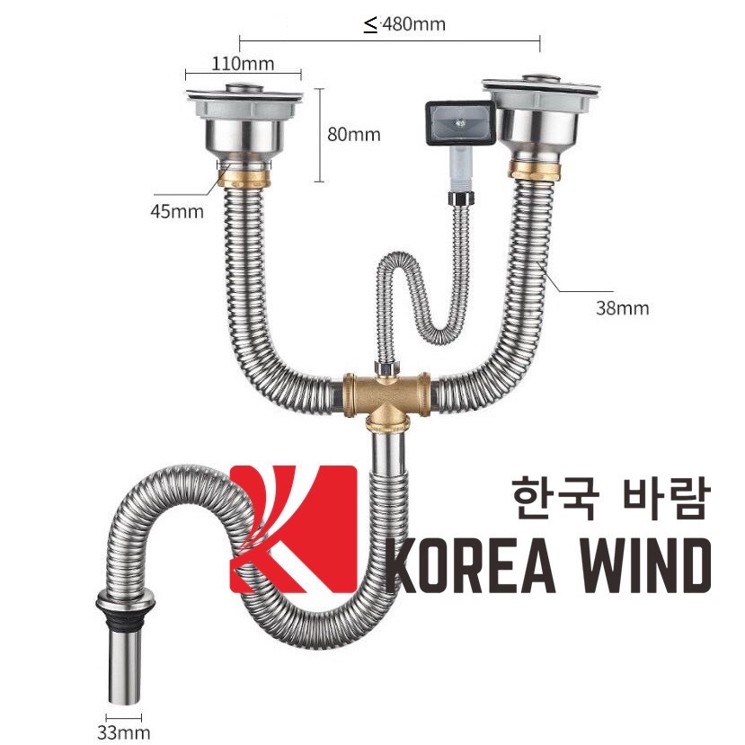 Hệ thống thoát nước nhà bếp đôi -xi phông, ống thoát nước bồn rửa chén inox 110mm