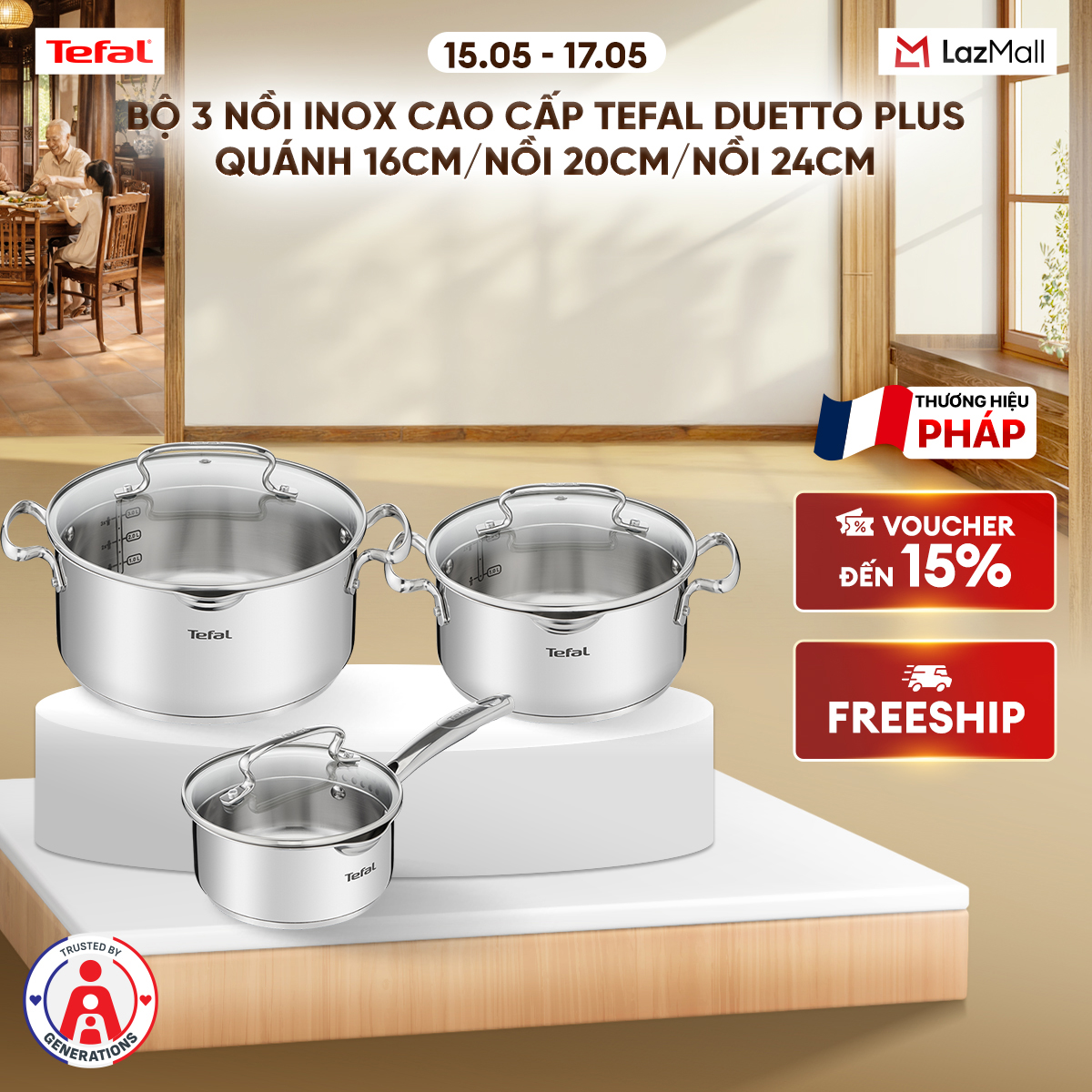 Bộ 3 nồi Inox cao cấp Tefal Duetto Plus, quánh 16cm/nồi 20cm/nồi 24cm