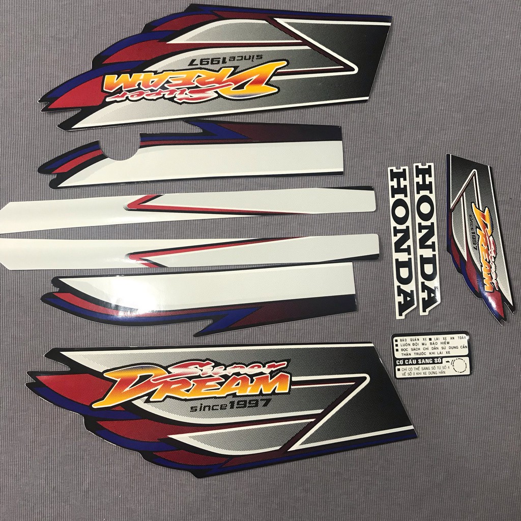 Trọn bộ tem rời dán xe máy Super Dream 2008 bạc xanh cánh chim