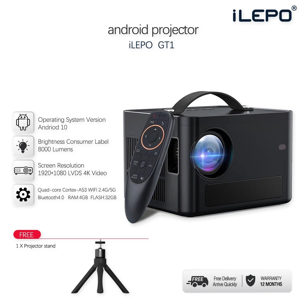 ◆ [MÁY CHIẾU PHÒNG HỌP] Máy chiếu GT1 độ sáng 8000 lumens hình ảnh rõ nét Hệ điều hành android 10.0 bảo hành 12 tháng GT1