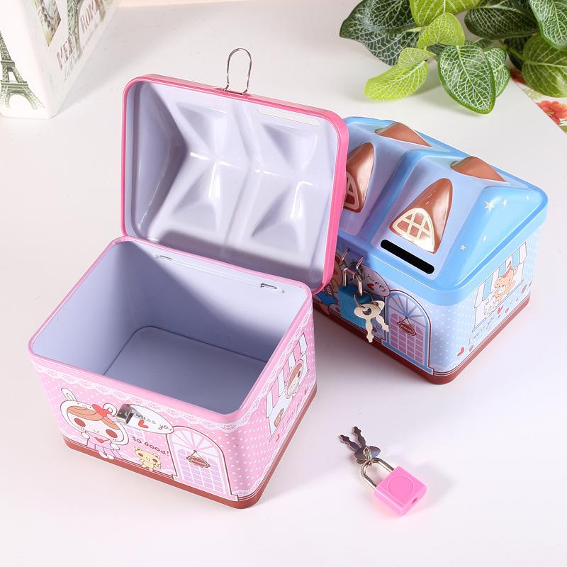 Két sắt mini hình ngôi nhà dễ thương có chìa khóa hai màu xanh và hồng cho bé